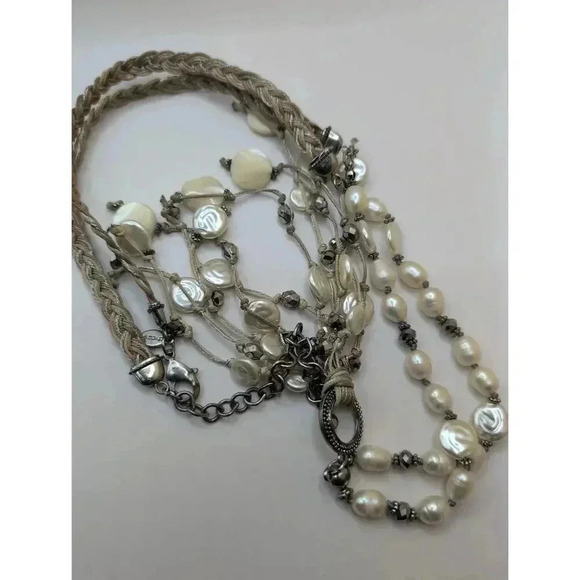 Chicos Pearl Necklace and Earrings Silvertone Braided Beige Cream Bohemian set - Picture 4 of 6